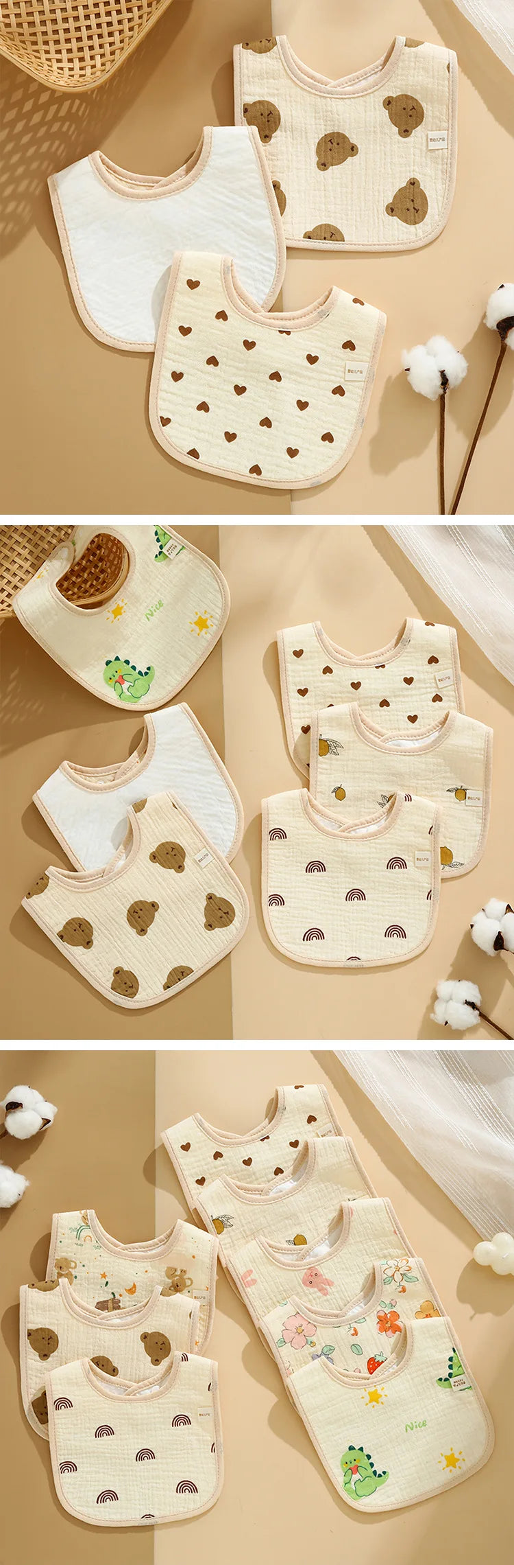 7-Pack Cotton Baby Bib Set – Waterproof & Absorbent Newborn Feeding Bibs