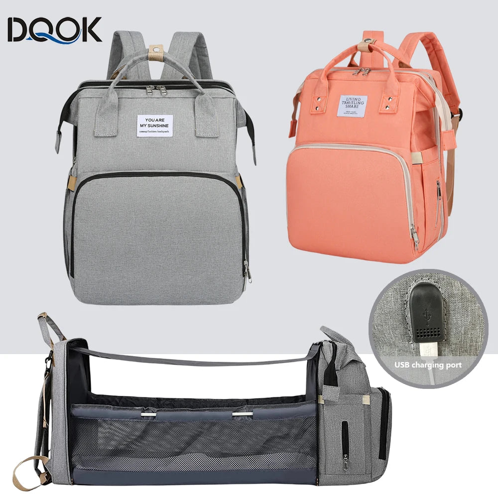 3-in-1 Foldable Diaper Bag Backpack with Portable Baby Crib