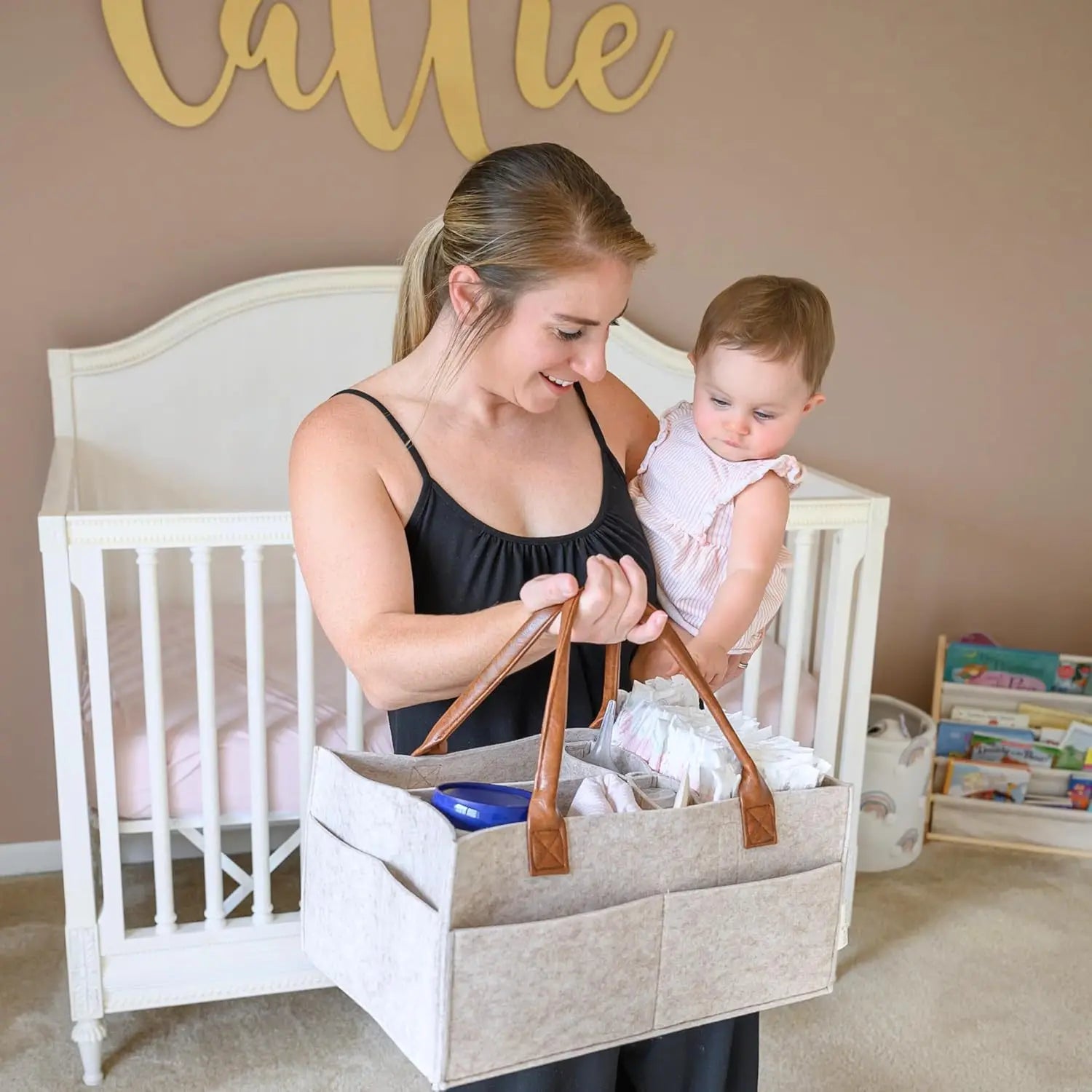 Baby Diaper Caddy Organizer – Felt Nursery Storage Basket with Handle