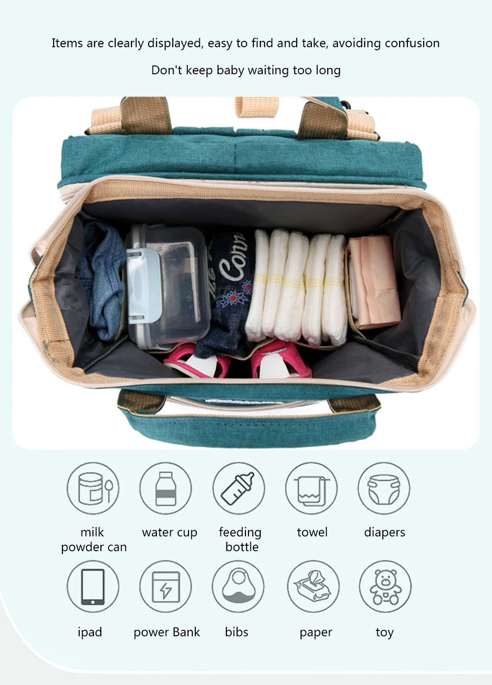 3-in-1 Foldable Diaper Bag Backpack with Portable Baby Crib