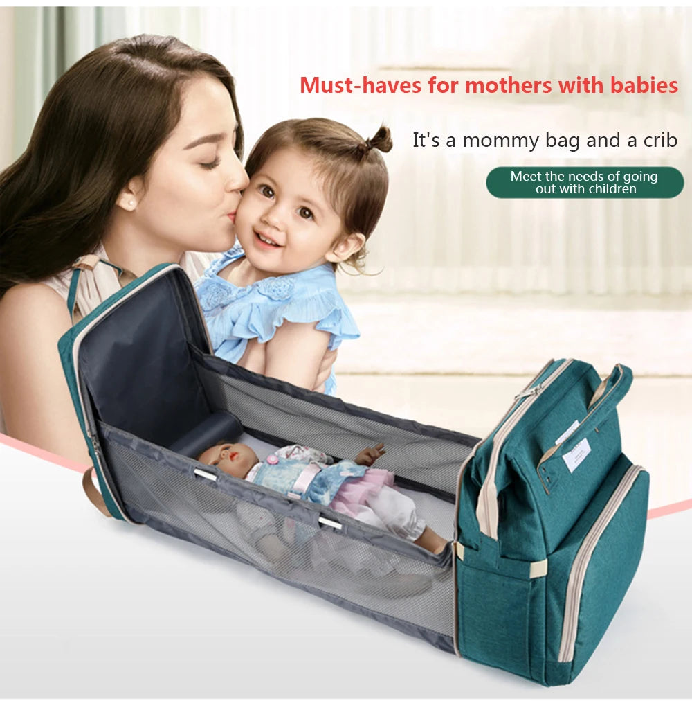 3-in-1 Foldable Diaper Bag Backpack with Portable Baby Crib