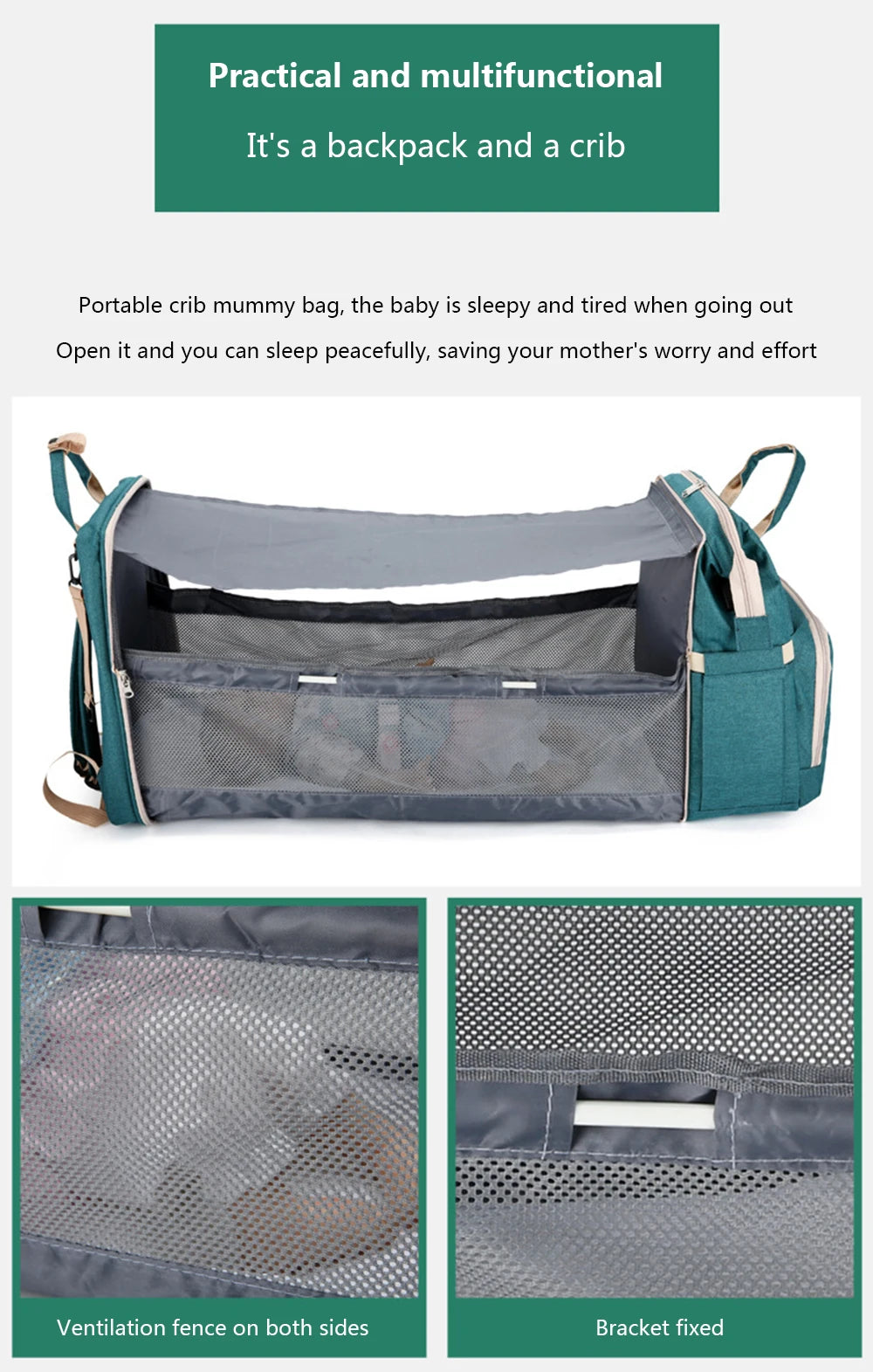3-in-1 Foldable Diaper Bag Backpack with Portable Baby Crib
