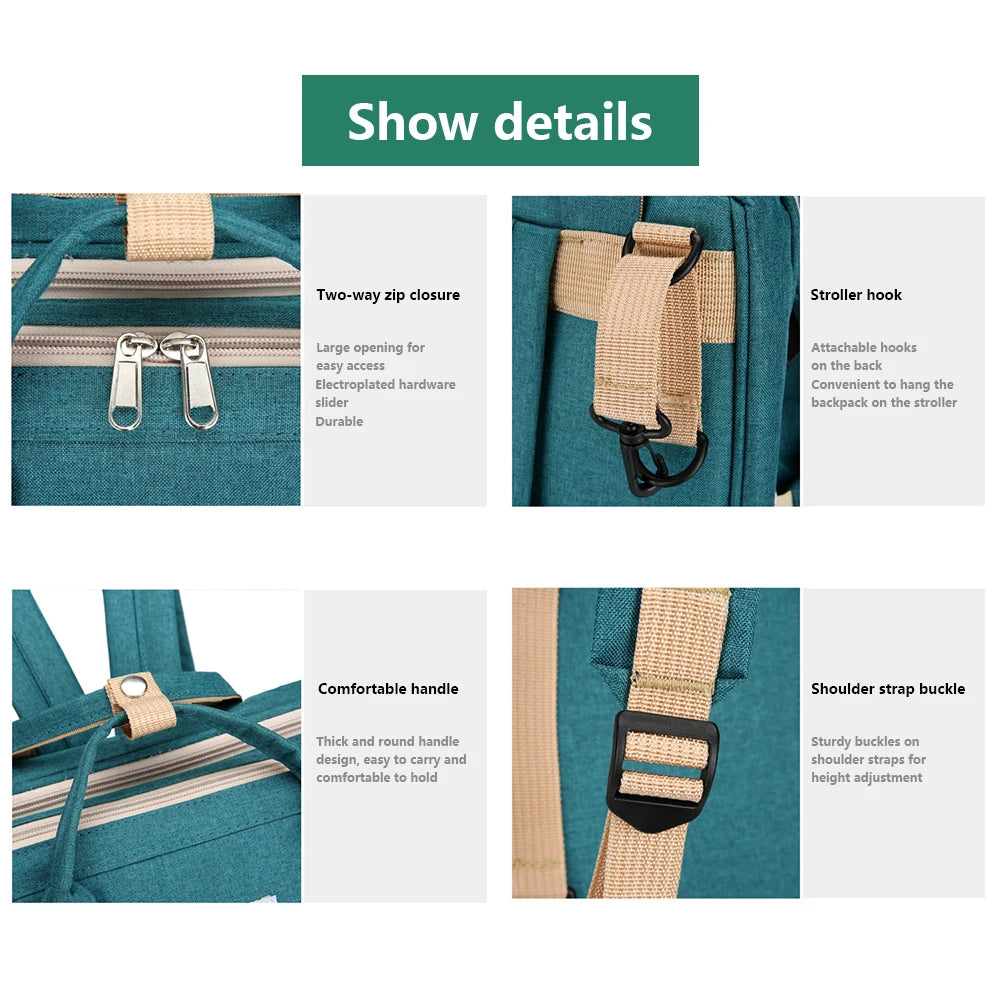 3-in-1 Foldable Diaper Bag Backpack with Portable Baby Crib