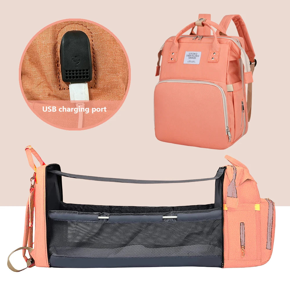 3-in-1 Foldable Diaper Bag Backpack with Portable Baby Crib