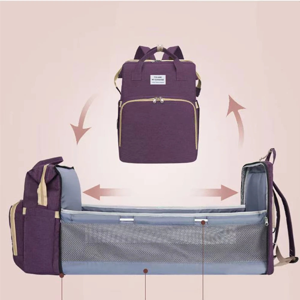 3-in-1 Foldable Diaper Bag Backpack with Portable Baby Crib