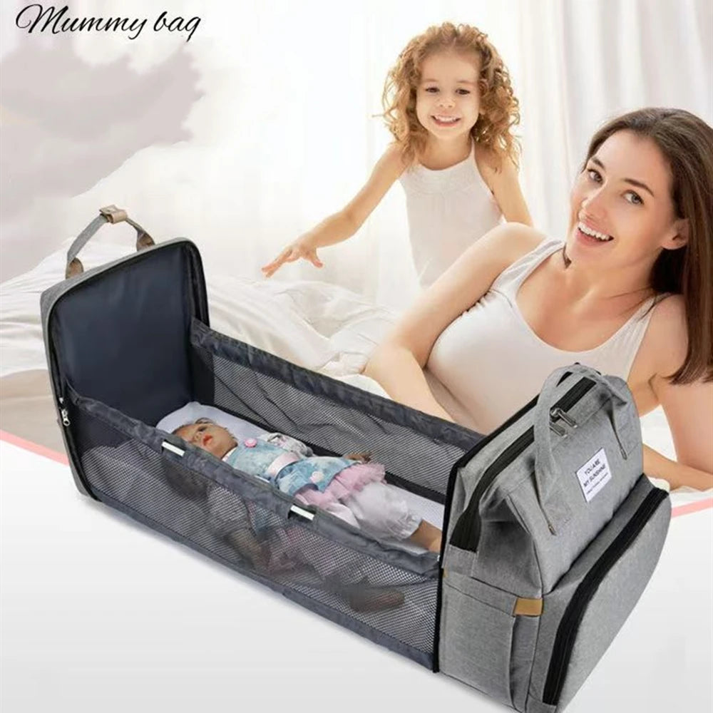 3-in-1 Foldable Diaper Bag Backpack with Portable Baby Crib